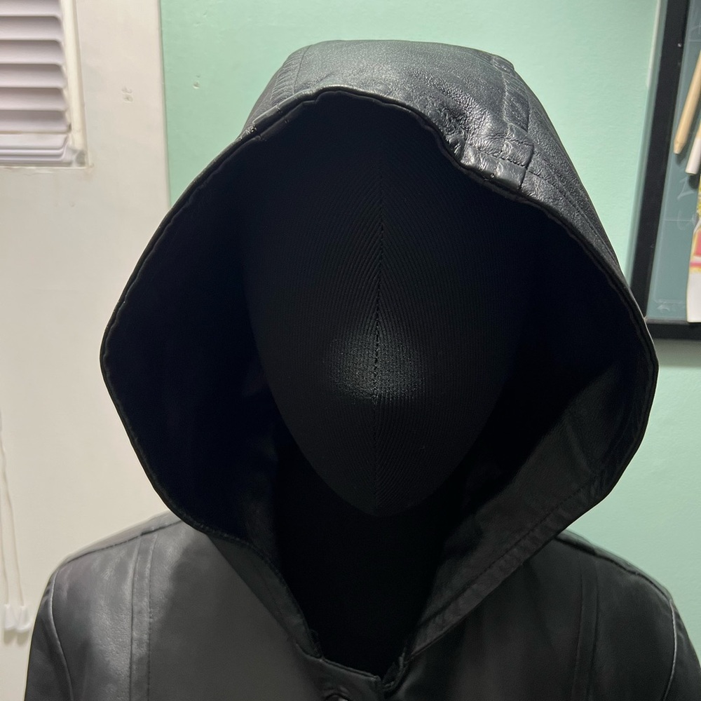 BAGATELLE Vintage Black Leather Hooded Trench Coat sz M - Picture 4 of 16